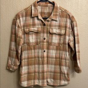 Wonder Nation Women Girl Youth Tan Pink Flannel Button Down Pockets Size Large